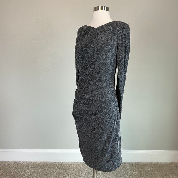 Avery G Black Midi Sheath Cocktail Dress Size 8 Metallic Knit Draped Back - Picture 5 of 14
